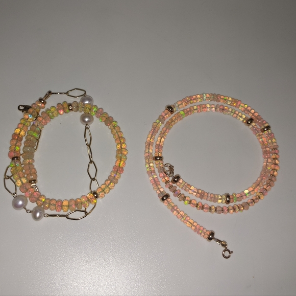 14k Yellow Gold Baby Pink Ethiopian Opal Beaded Gemstone Gold spacers Necklace - Picture 8 of 13